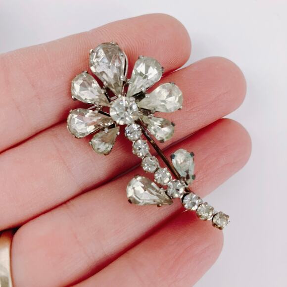 Vintage Signed Czecho Floral Brooch, Open Back Rhinestones - Picture 2 of 10